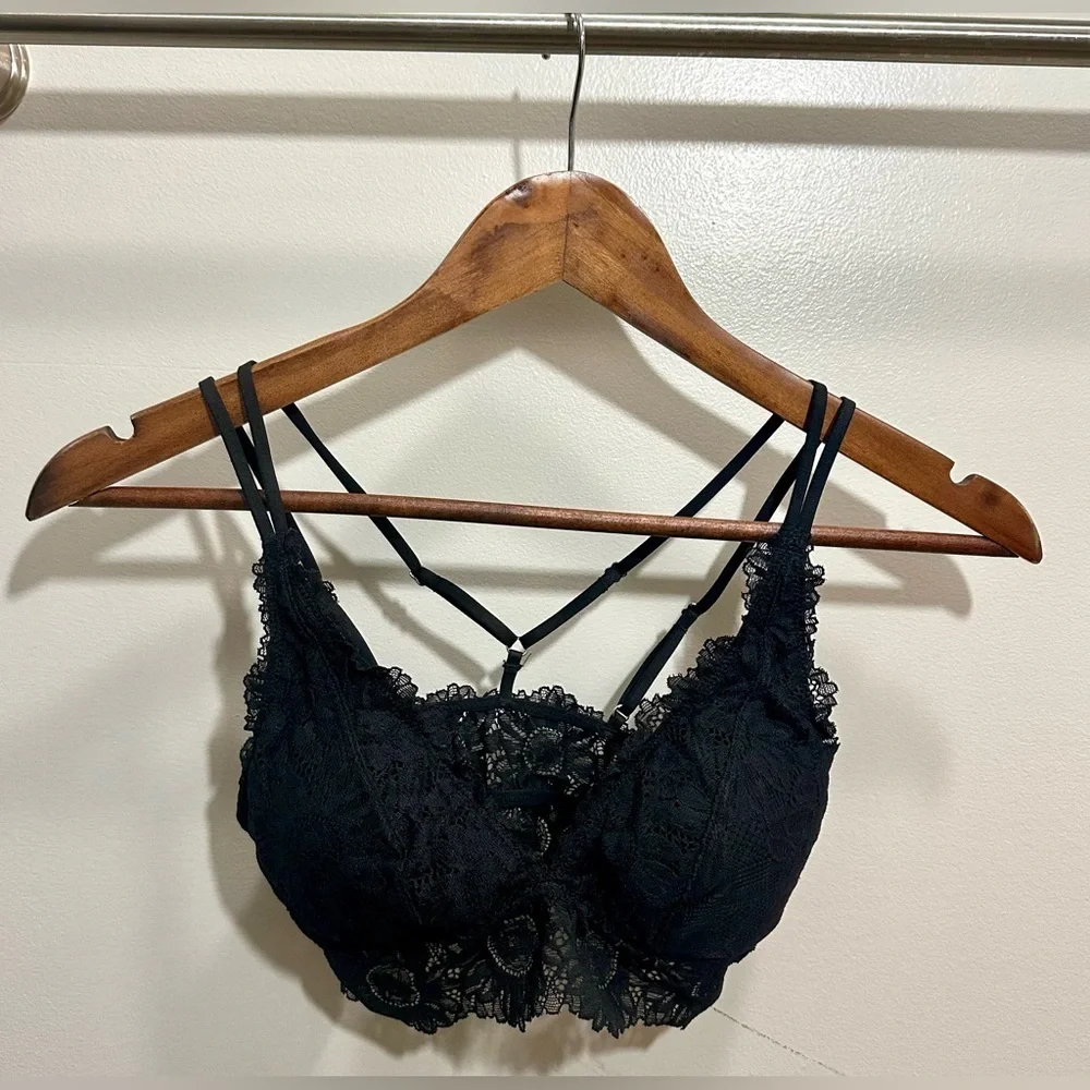 Aerie Anytime Sunflower Lace Padded Plunge Bralette in Black Size XS